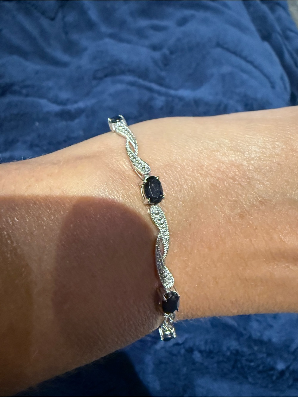 Sterling Silver Blue Sapphire and Cubic Zirconia Wave Bracelet